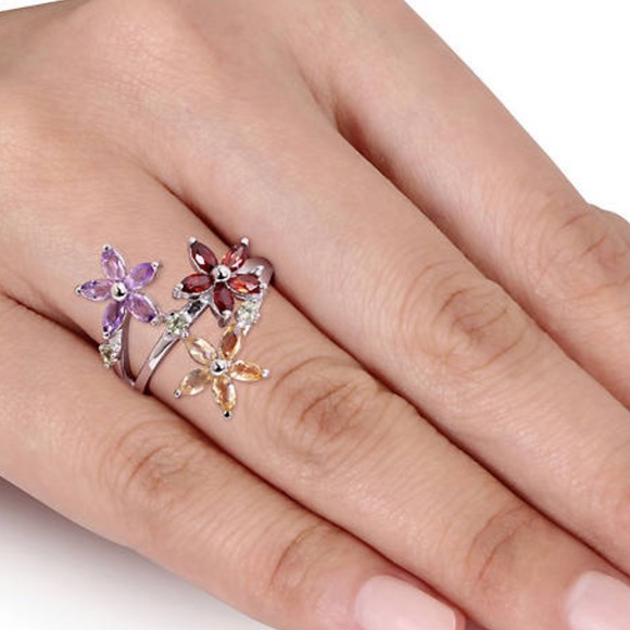 New Sterling Silver Multi Gemstone Garnet, amethyst citrine, peridot Floral Ring - Picture 1 of 5